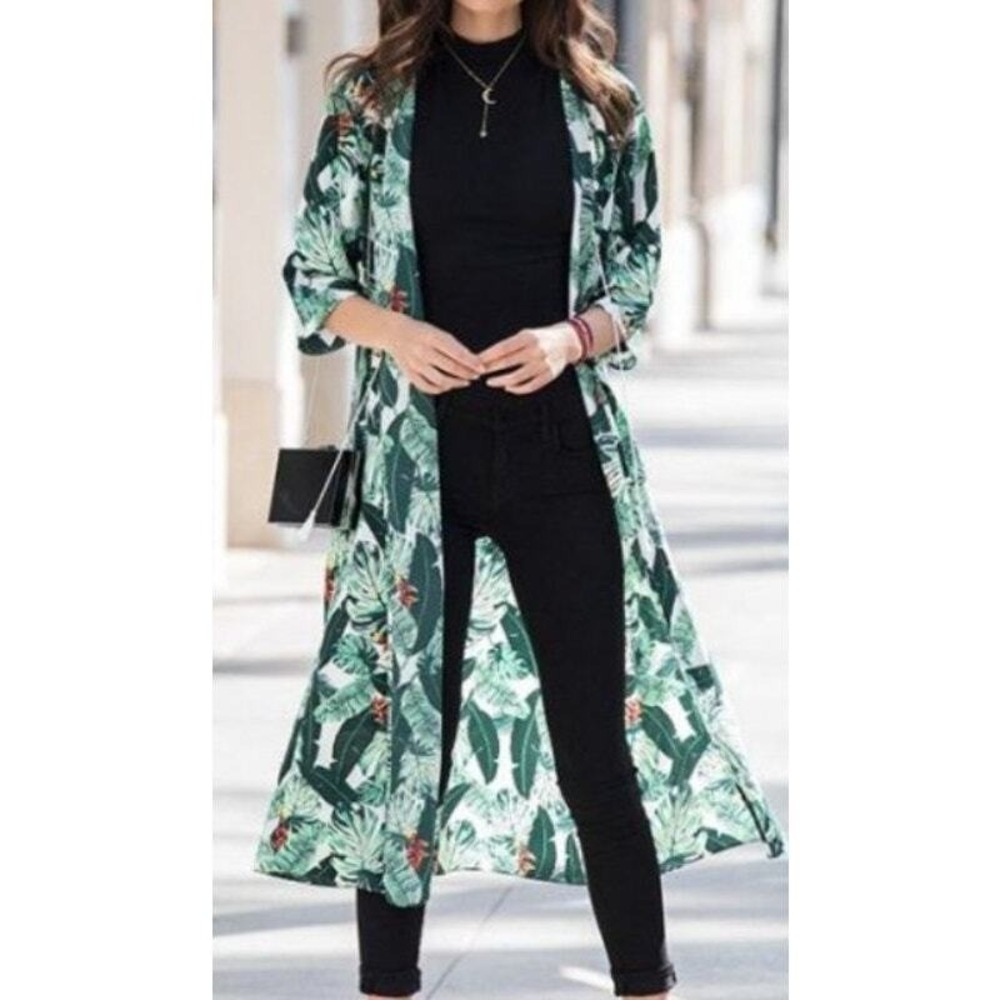 Rachel Zoe Tropical Green Leaf Midi Kimono Coverup